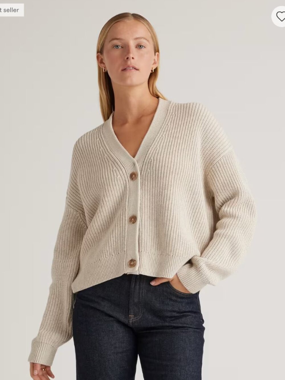 Quince 100% Organic Cotton Fisherman Boxy Cropped Cardigan Speckled Beige S